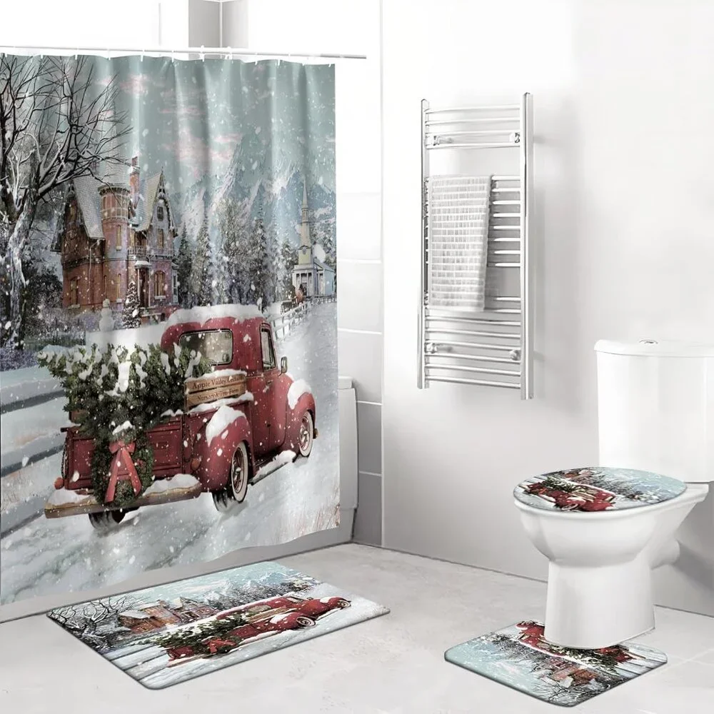 Luxurious 4-Piece Xmas Bath Set – Non-Slip Rugs, U-Shaped Mat & Curtain, 72x72